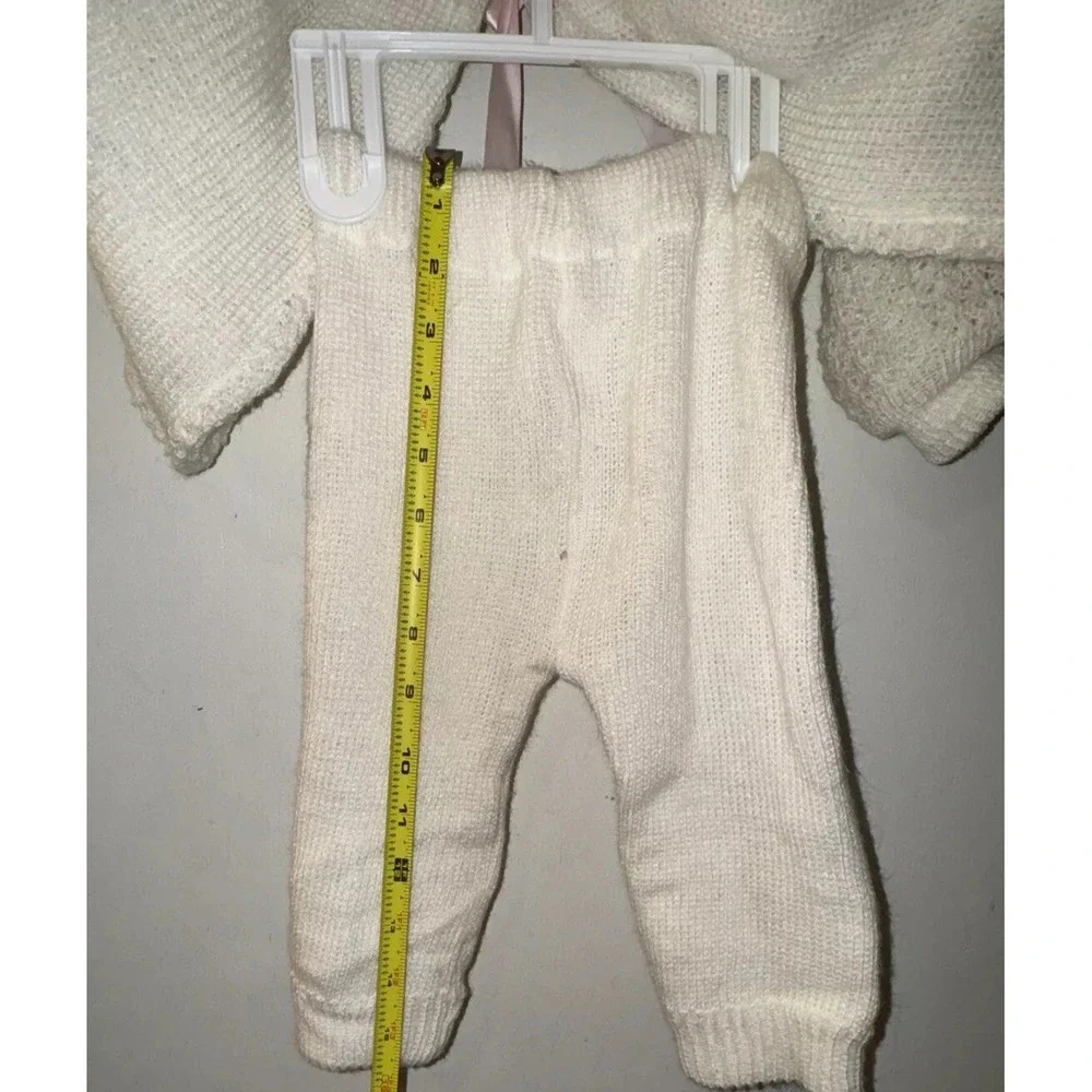 Vtg Baby Sweater 2 Pc Outfit Hooded Feathers White Pink Rose Buds sz 12 Mo Flaw